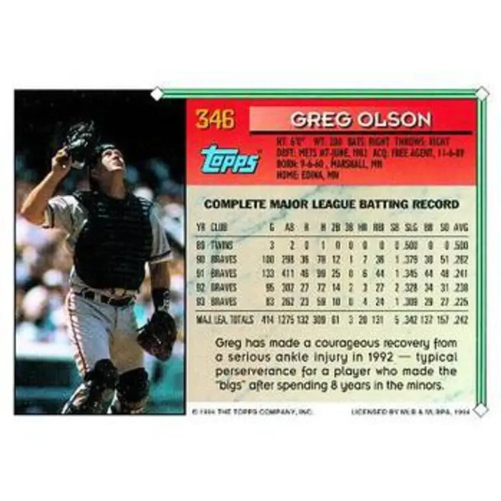 1994 Topps Greg Olson # 346 Atlanta Braves